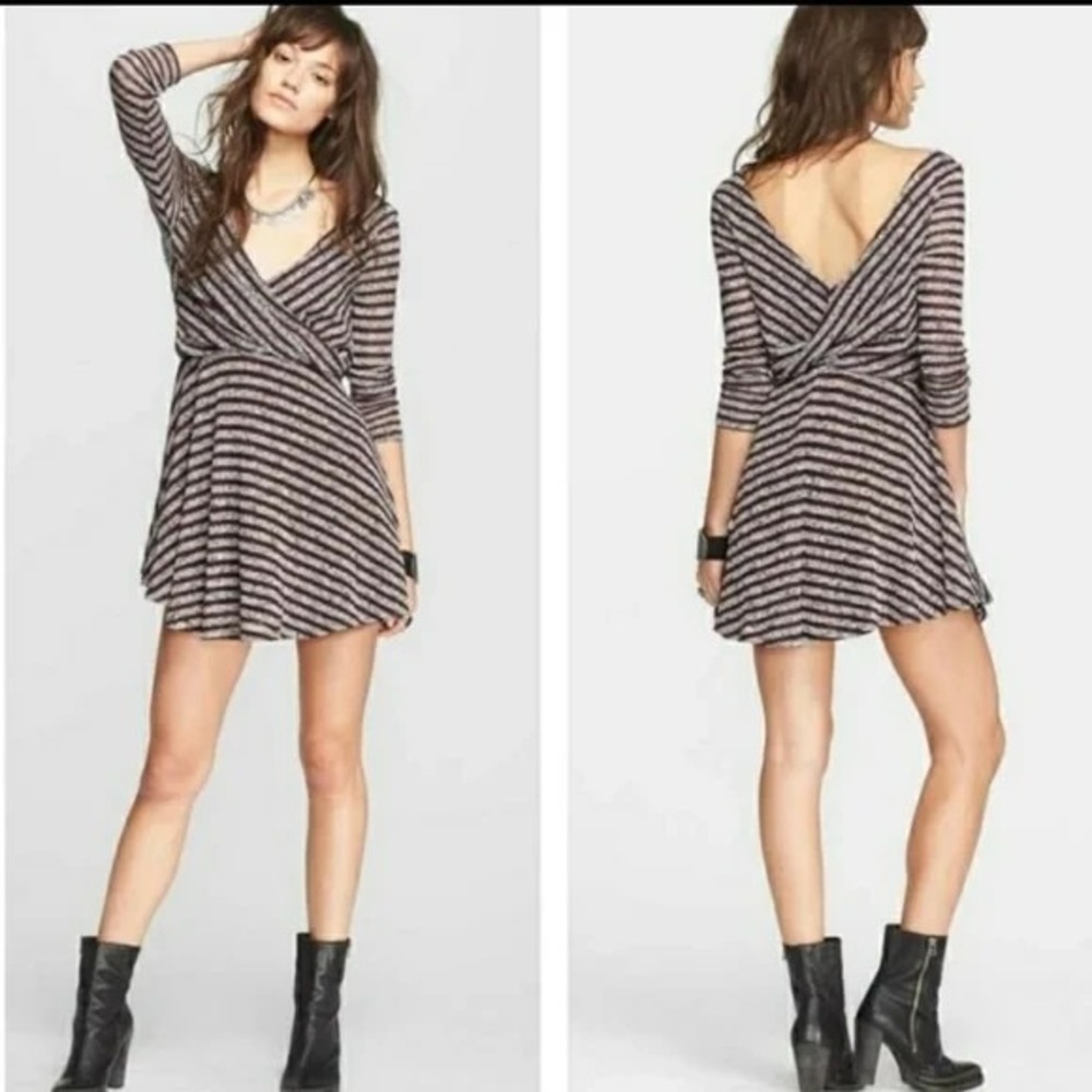 Free People Maverick Knit Mini Dress A-Line Eggplant Striped Sz S Boho Chic
